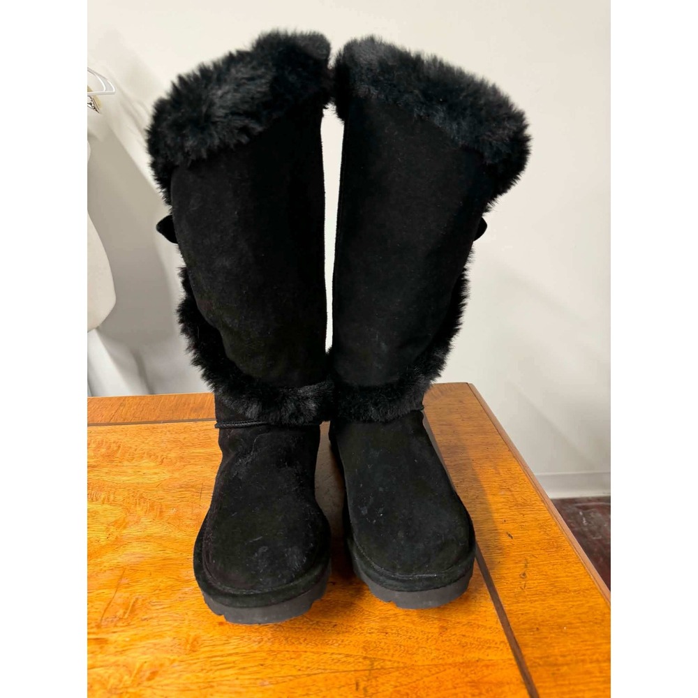 Bearpaw Womens 6 Sheilah Black Suede Faux Fur Trim Tall Winter Boots Buckle